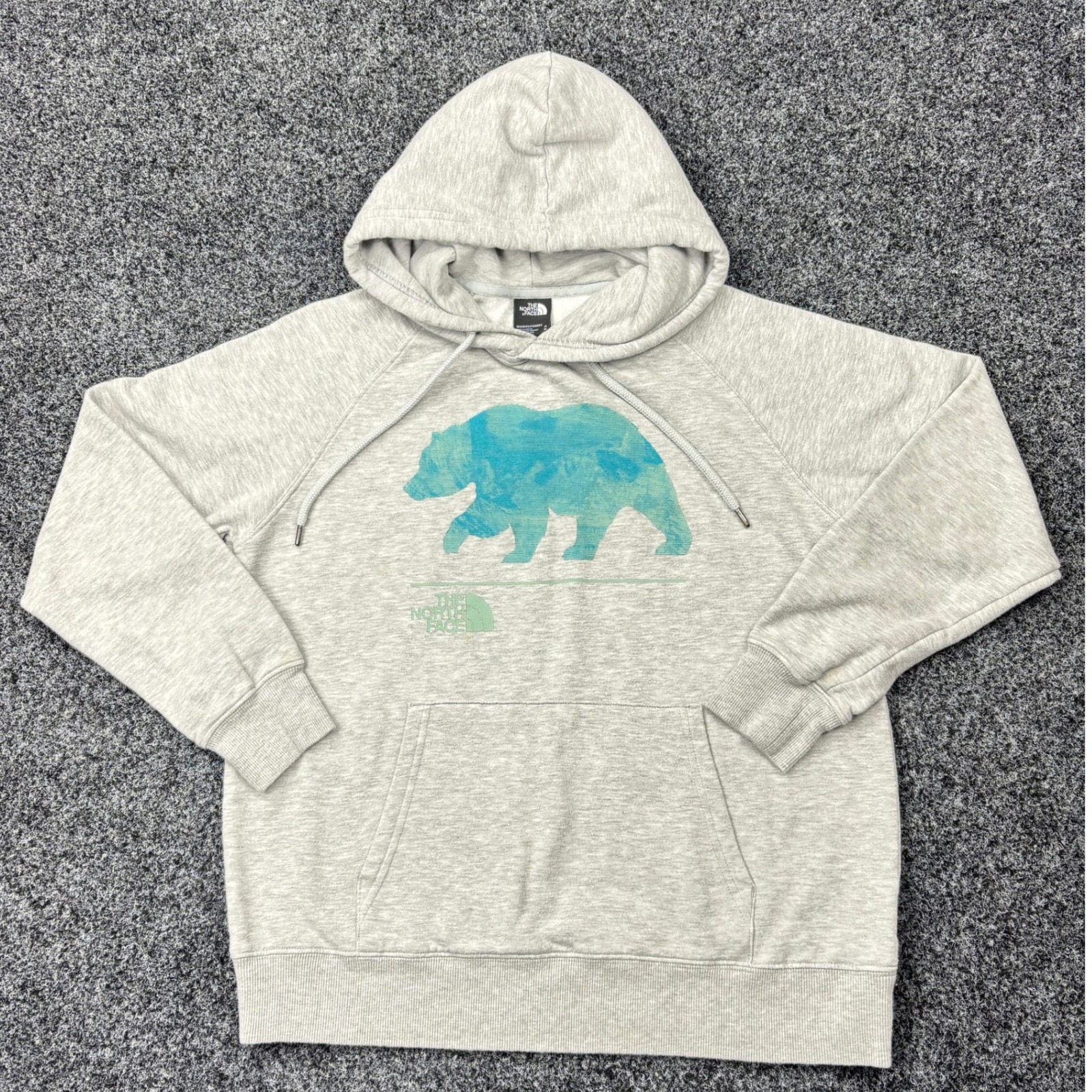 The North Face Hoodie Womens Medium Gray Teal Blue Bear Pullover Sweatshirt M